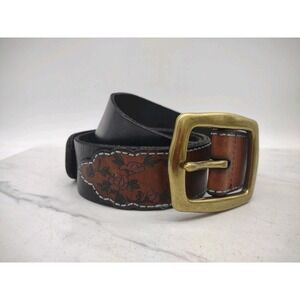 VTG Lucky Brand Leather Floral Belt Sz 32 Heavy Solid Brass Buckle Y2K Boho Chic